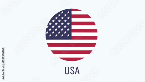 Circular icon of the United States flag with the letters USA written underneath, isolated on a light grey background.