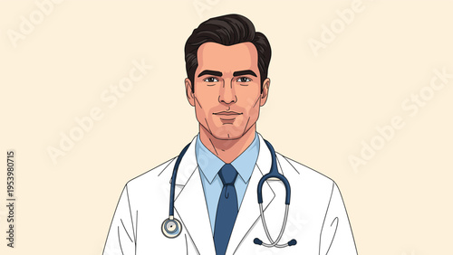 Professional male doctor wearing a white lab coat, blue shirt, tie, and a stethoscope around his neck, looking at the camera.