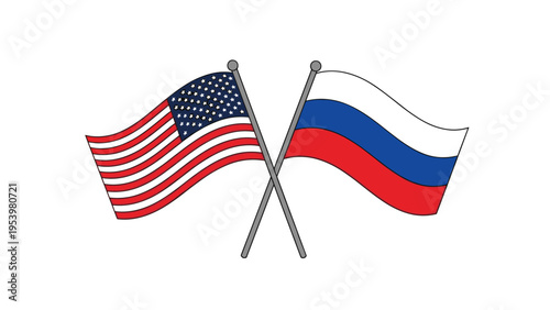 Crossed flags of the United States and Russia on poles, representing international diplomacy or bilateral relations.