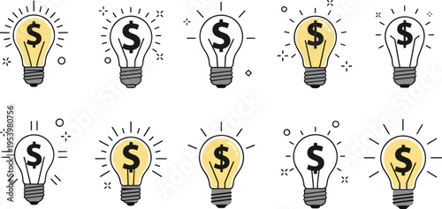 Money idea light bulb icon set with dollar symbols representing financial growth investment profit business success and creative economy concepts vector illustration