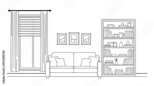 Minimalist line drawing of a living room featuring a sofa with cushions, pictures on the wall, and a large bookshelf.