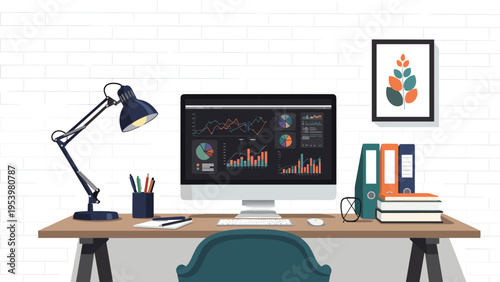 Modern office desk setup featuring a computer monitor displaying various data charts, a desk lamp, and folders on a white wall.