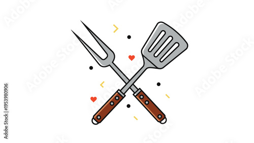 Barbecue theme illustration featuring crossed meat fork and spatula with decorative hearts and shapes for grill lovers.