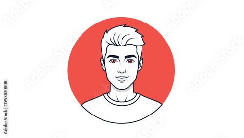 Simple avatar illustration of a young man with blonde hair and a white shirt against a bright red circular background element.