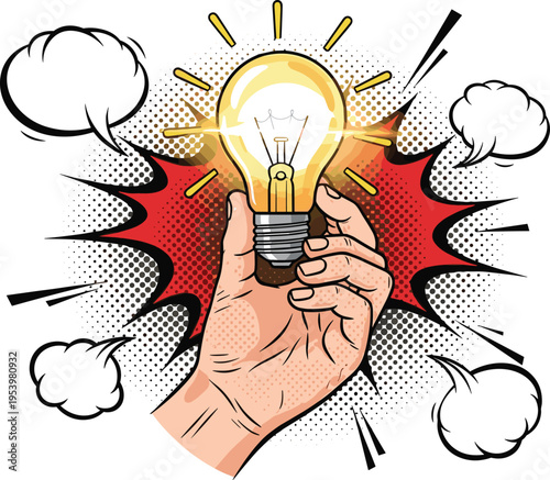 Pop art comic style light bulb in hand with explosion background representing creative idea inspiration innovation and breakthrough concept vector illustration