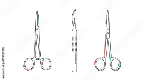 Set of three essential surgical instruments including forceps, a scalpel, and scissors in thin black and white line art.