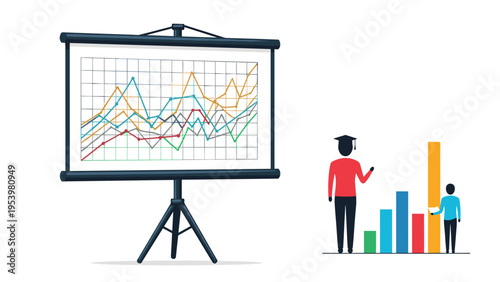 Educational infographic showing a large line graph on a presentation board and students interacting with a colorful bar chart.