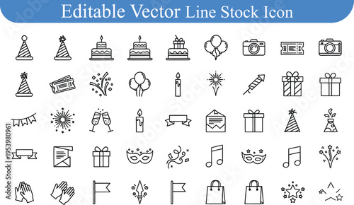 Editable vector line stock icons for parties and celebrations