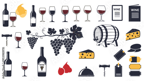 Extensive collection of wine-related elements like bottles, glasses, grapes, barrels, and cheese for restaurant menu design.