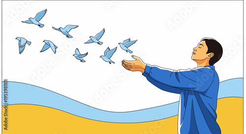 Graphic illustration of a person in a minimalist warrior yoga pose against a stylized sunrise and tranquil mountain landscape.