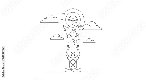 Graphic illustration of a person in a minimalist warrior yoga pose against a stylized sunrise and tranquil mountain landscape.