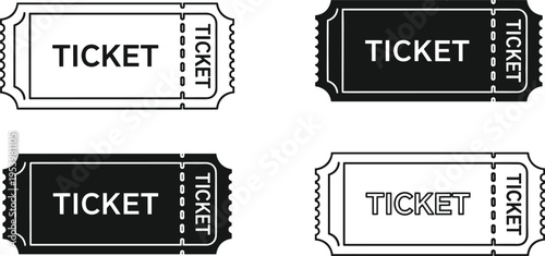 Ticket templates set, vintage admission stubs with perforated edges, black and outline styles, event entry coupon design, cinema concert pass vector illustration