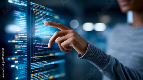 Obraz na płótnie Unrecognizable developer using an AI-powered code generation interface on a virtual screen with programming scripts and automation system, software development concept, with copy