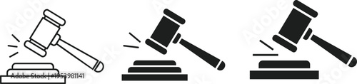 Judge gavel icons set, law and justice symbols with hammer striking block, legal system concept, court authority and auction illustration vector