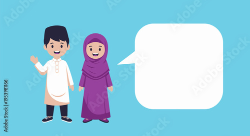 Cute Muslim Boy and Girl in Traditional Attire with Speech Bubble for Text - Islamic Culture and Communication Concept