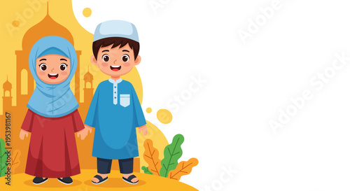 Happy Muslim Children Wearing Traditional Islamic Clothing Standing in Front of a Mosque Illustration