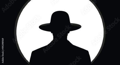 Mysterious man silhouette with hat, anonymous figure in spotlight, secret identity concept, noir style character, mystery and secrecy vector illustration
