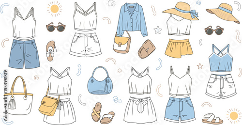 Summer women outfit collection with tops shorts skirts hats bags and sandals casual fashion set in light pastel vector illustration