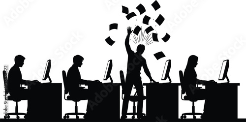 Office worker frustration concept, angry employee throwing papers, workplace stress and burnout, business environment with coworkers at computers, silhouette vector illustration