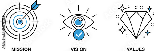  Mission vision values concept icons, business strategy symbols with target arrow, eye focus and diamond quality, corporate branding and goal setting vector illustration