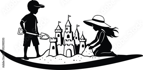 Children playing in sand vector silhouette, kids building sandcastle on beach, summer activity concept, family vacation scene, playful childhood illustration isolated on white background