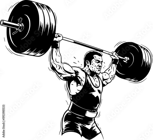 Male Powerlifting Athlete Lifting Heavy Barbell Illustration in Intense Action Style, Strength Training Graphic for Gym, Bodybuilding and Fitness Motivation Concept