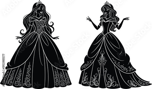 Princess silhouette vector illustration set, elegant royal women in ornate ball gowns, fairytale characters design, vintage style fashion, black dress figures isolated on white