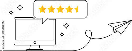 Online customer review concept vector illustration, star rating feedback on computer screen, user experience evaluation, digital service quality, minimal line design isolated on white