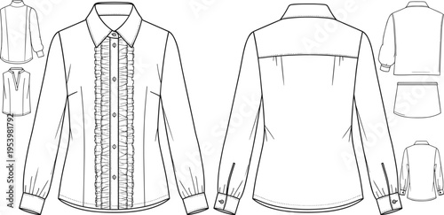 Women blouse technical drawing with ruffle detail front and back views fashion flat sketch vector template for clothing design and garment production