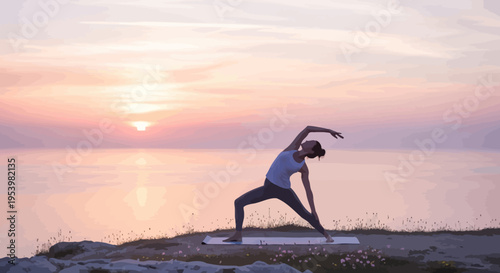 Serene woman practicing yoga in Reverse Warrior pose on a cliff by the ocean at sunset, promoting wellness and a healthy lifestyle.