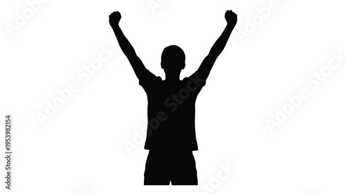 Silhouette of a person with arms raised in a victorious pose against a white background