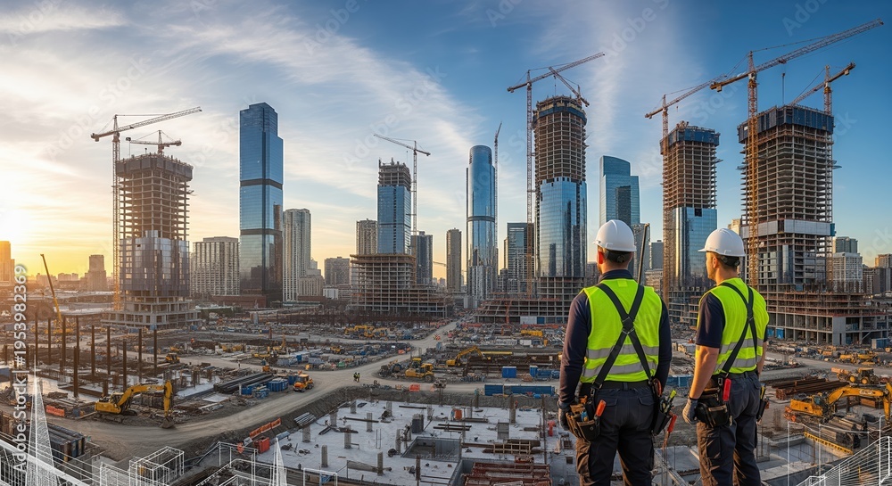 Naklejka premium Two construction workers in safety gear stand on a high platform overlooking a busy downtown building site with skyscrapers and cranes during golden hour. Ideal for construction concepts.