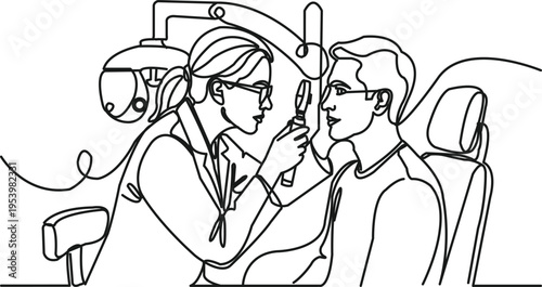 Simple continuous line drawing of a doctor and patient during an eye examination