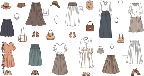 Women fashion outfit collection with skirts dresses tops and accessories including bags shoes and hats modern casual clothing vector illustration set