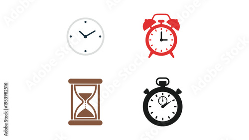 Four distinct types of timekeeping devices displayed in a simple graphic layout