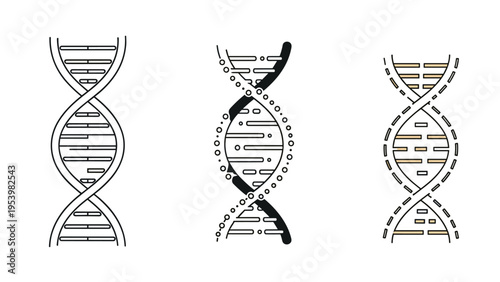 Three artistic vertical representations of the DNA double helix are shown in black and white and brown, highlighting genetic research.