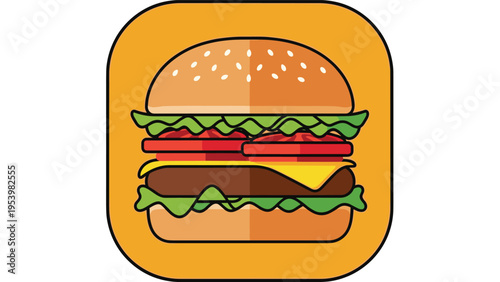 Appetizing illustration of a large double cheeseburger with sesame seed bun, fresh lettuce, and tomato slices is shown in a rounded square.