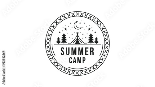 Circular logo for a summer camp features a minimalist illustration of a tent, pine trees, stars, and a crescent moon in a black style.