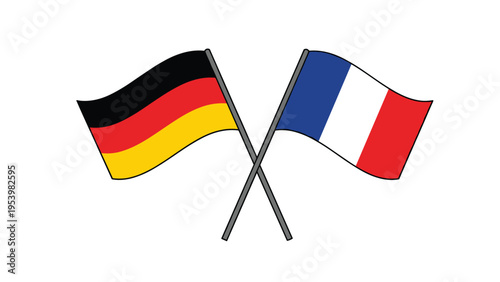 Crossed national flags representing Germany and France are shown on gray poles against a white background for international relations.