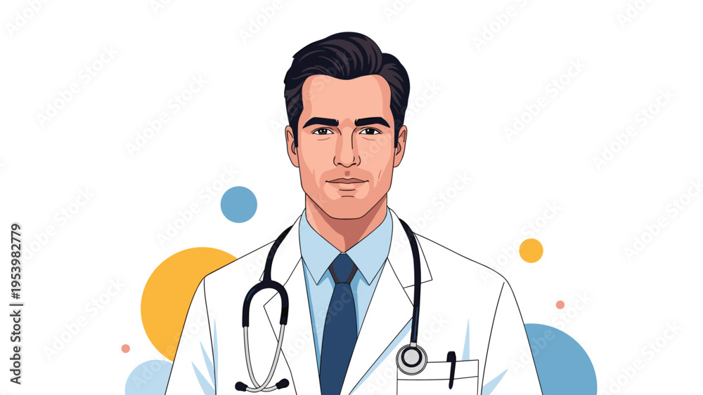 Fototapeta premium Realistic portrait of a handsome male doctor wearing a professional white coat and stethoscope over an abstract background.