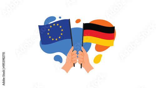 Pair of hands holding the flags of the European Union and Germany together in front of abstract blue and orange background shapes.