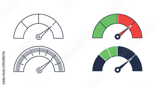 Four different speedometer and gauge icons showing various measurement levels in green, red, and blue colors on a white background.