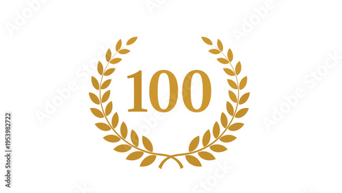 Golden laurel wreath framing the number one hundred on a plain white background for celebrating a centenary or perfect score.