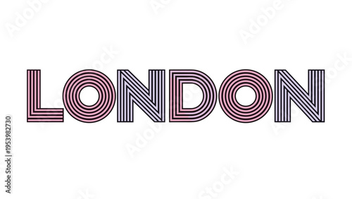 Modern typography of the word London created using multiple parallel pink and purple lines for a stylish retro travel theme.