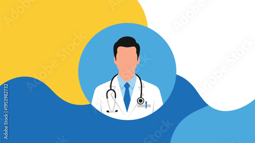Avatar of a professional male doctor wearing a white medical coat and stethoscope over a blue circle with abstract background.