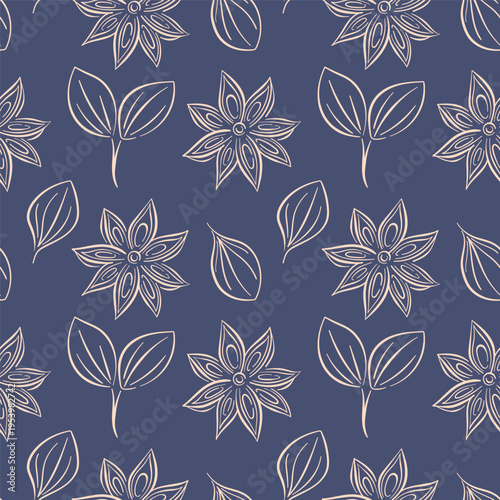 Seamless pattern with line art style star anise and leaf on a dark blue background. Perfect for spice themed or botanical design project.