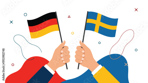 Illustration showing two hands holding the national flags of Germany and Sweden over a white background with colorful shapes.
