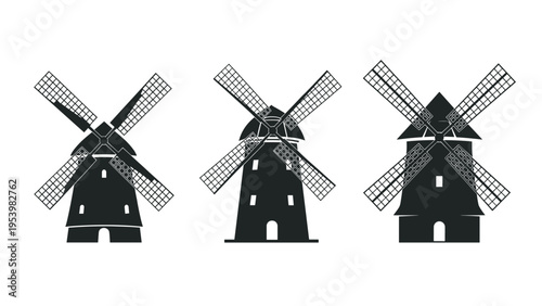 Three black silhouette illustrations of traditional Dutch windmills with different designs isolated on a white background.