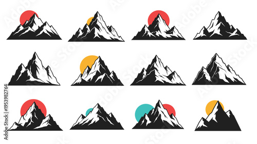 Diverse collection of mountain peak silhouettes with colored sun circles in red, orange, and teal behind some of the peaks.
