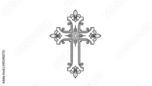 Detailed black and white ornamental Christian cross design with fleur-de-lis accents isolated on a white background for art.